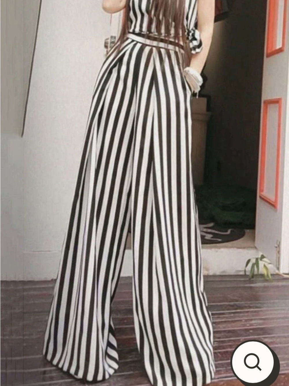 Women's French Black & White Striped Wide-Leg Pants with Pockets